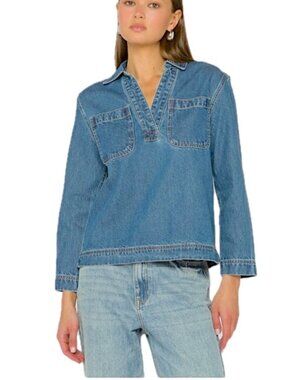 Velvet Heart Stevie Oversize Pullover Denim Top V-Neck Long Sleeve Women's M NEW